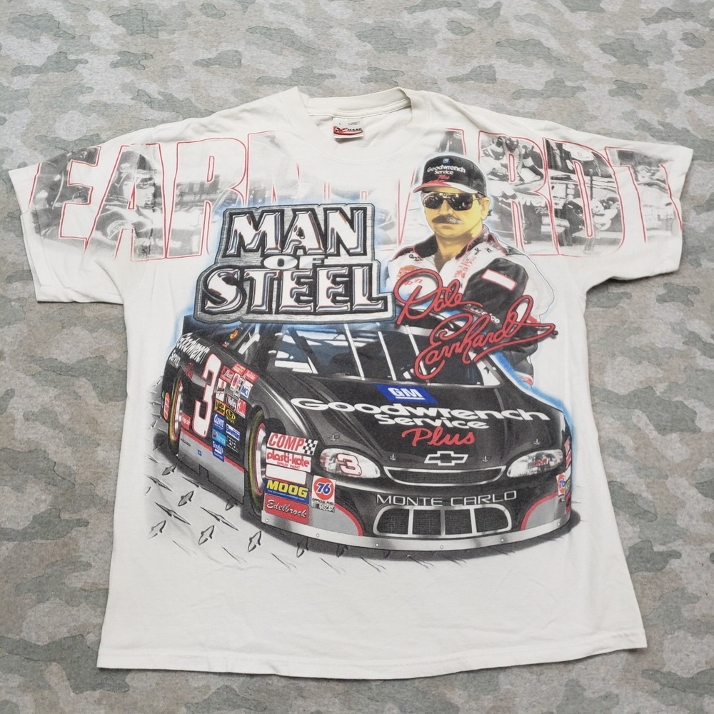 VTG Dale Earnhardt Chase Shirt Mens Large White Short Sleeve AOP Man of Steel59
